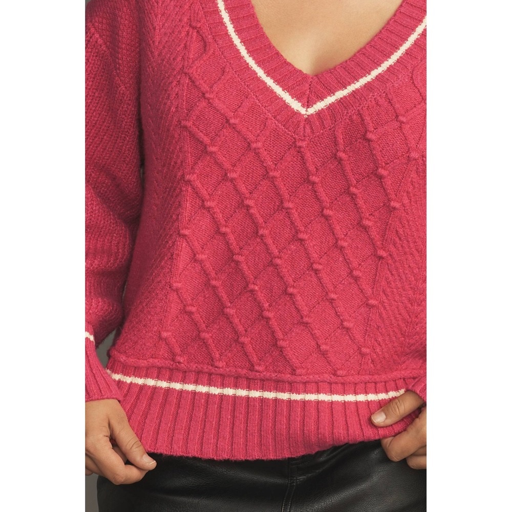 Maeve Anthropologie Hot Pink Cable Knit V-Neck Tipped Varsity Sweater Medium - Picture 3 of 10